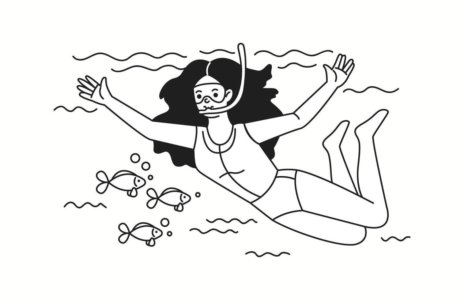 A woman snorkeling underwater, surrounded by small fish and waves, wearing a diving mask and enjoying the sea in a doodle-style black and white illustration. vector