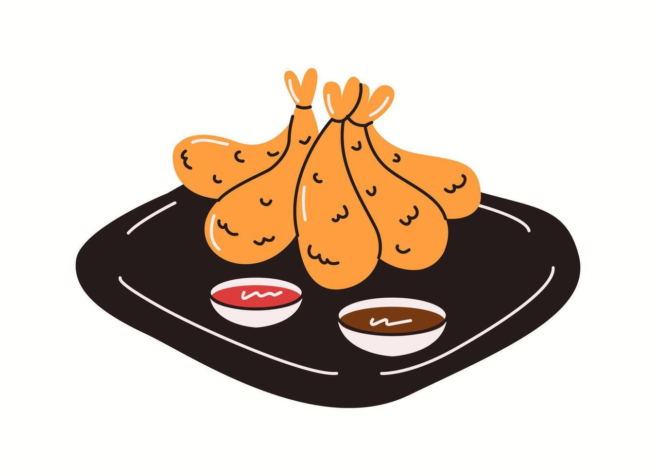 A delicious serving of golden crispy tempura shrimp on a black plate, accompanied by dipping sauces, illustrated in a modern and stylish food. vector
