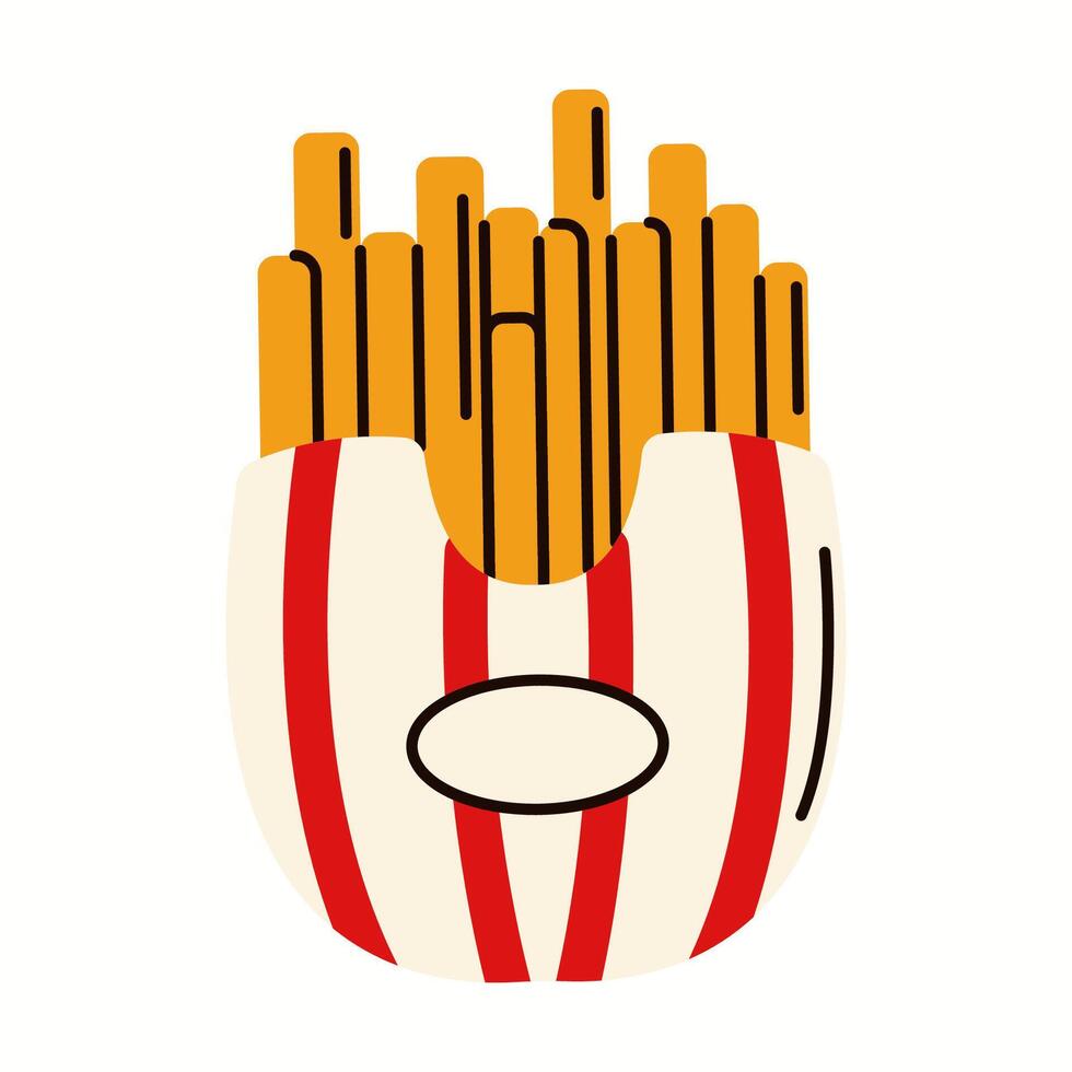 Flat illustration of a pack of crispy French fries served in a striped fast-food style container. Minimal and modern food design. vector