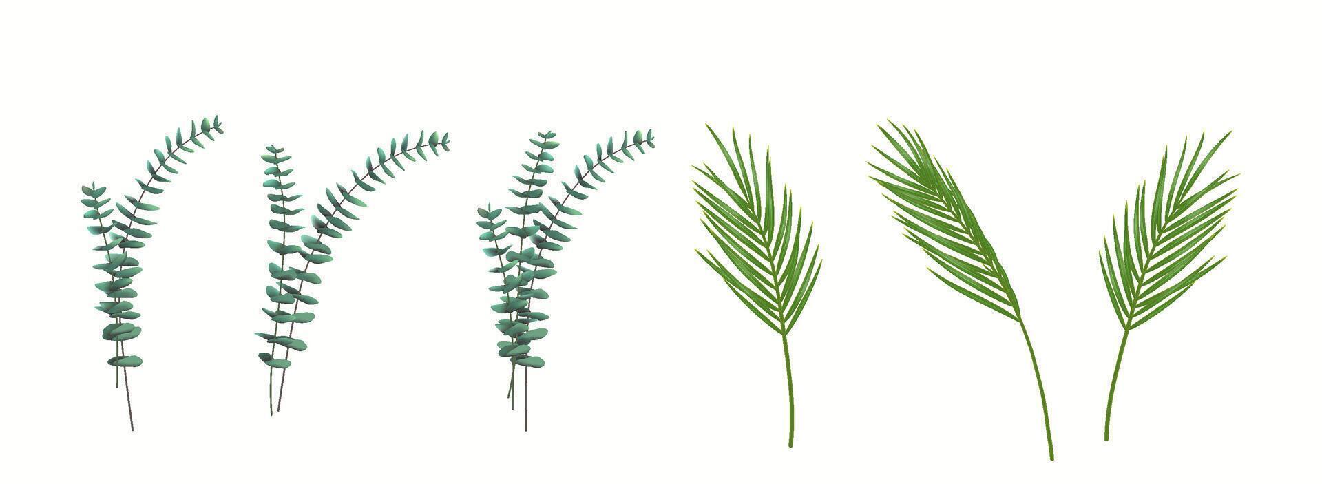 Realistic 3D illustration of multiple botanical stems, including eucalyptus and palm leaves, isolated on a white background. Perfect for decorative and design projects. vector