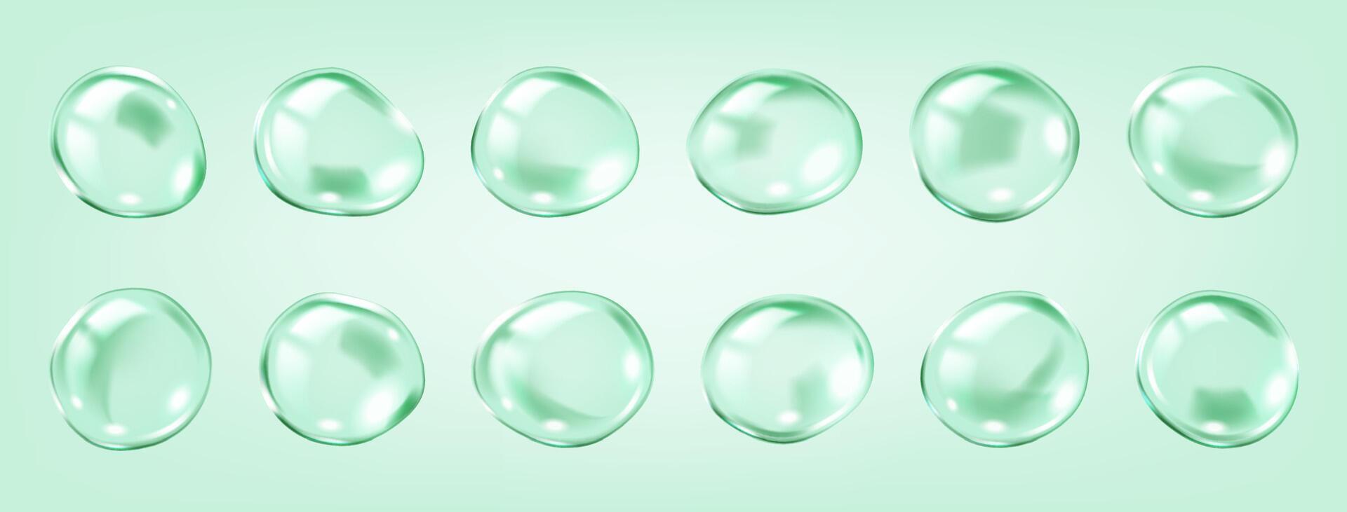 Translucent bubbles encapsulating collagen molecules realistic color icons set. Scientific research of skincare 3d objects bundle on green vector