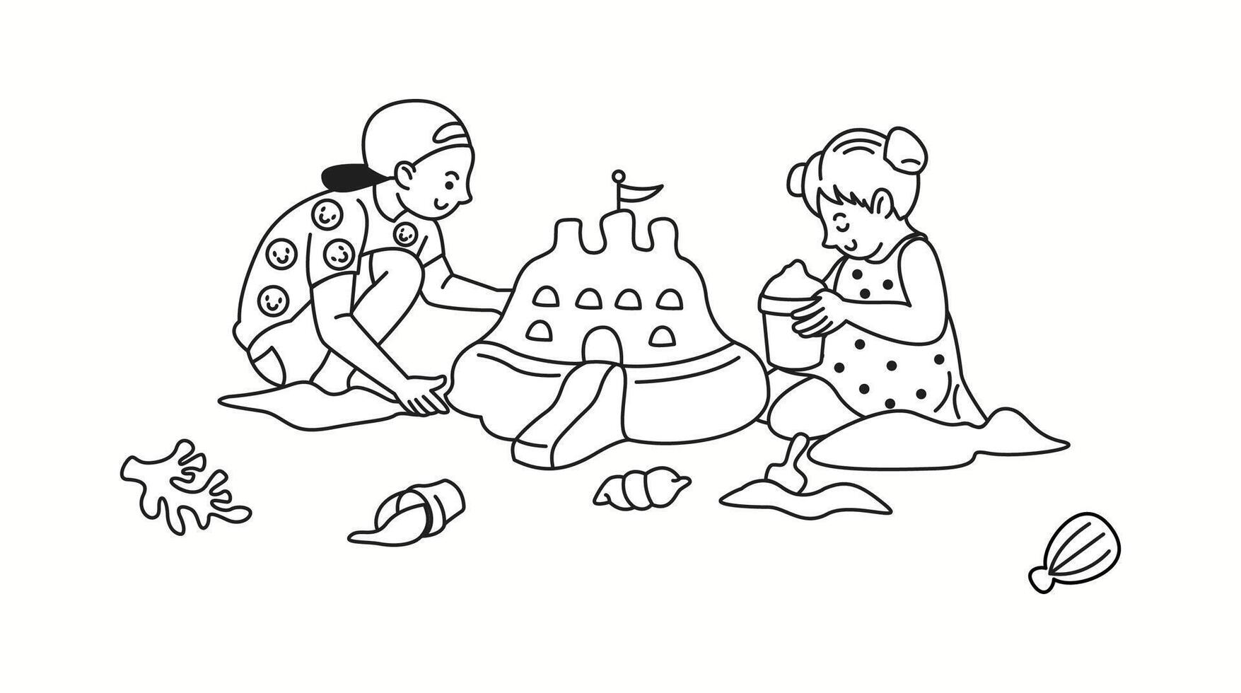 Two kids playing on the beach, building a detailed sandcastle together, surrounded by seashells and sand, drawn in a playful doodle-style. vector