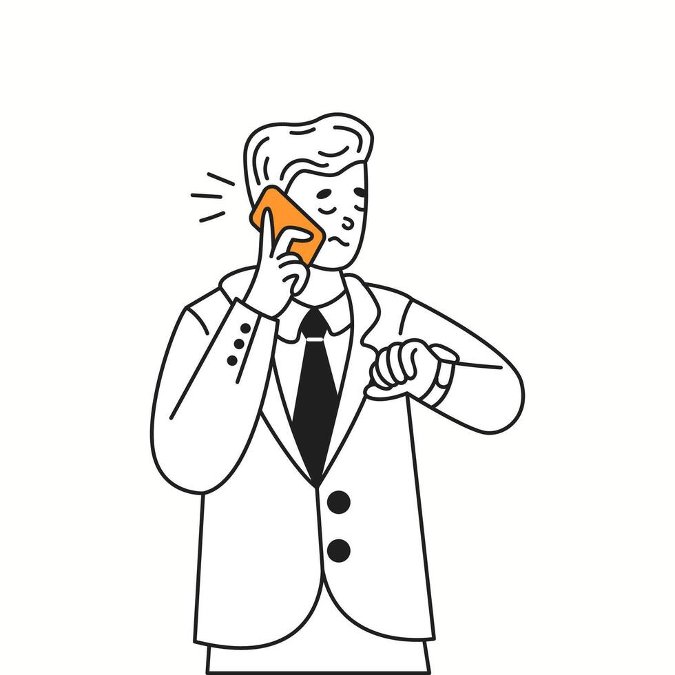 Irritated man talks on phone checking time orange color linear icon. Businessman in suit reflects impatience character doodle illustration vector