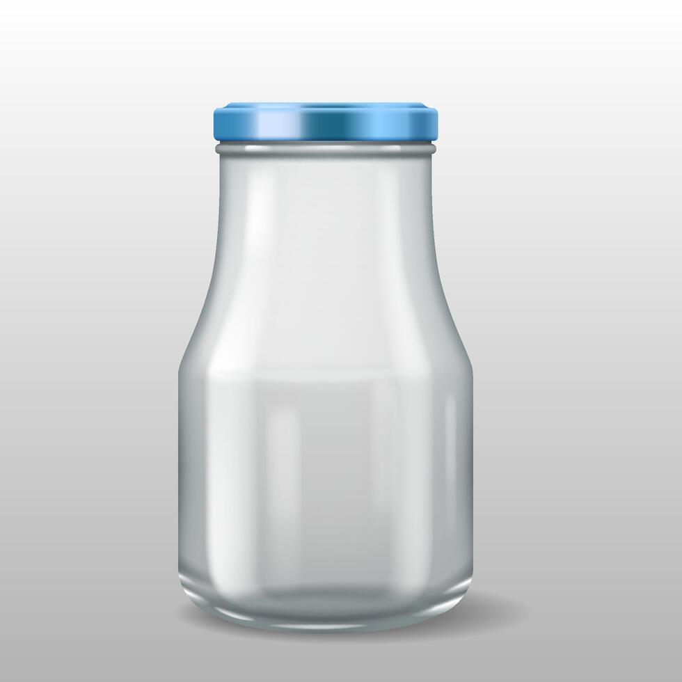 Realistic 3D illustration of a classic glass milk bottle with a blue metal lid. Suitable for dairy product packaging and beverage storage. vector