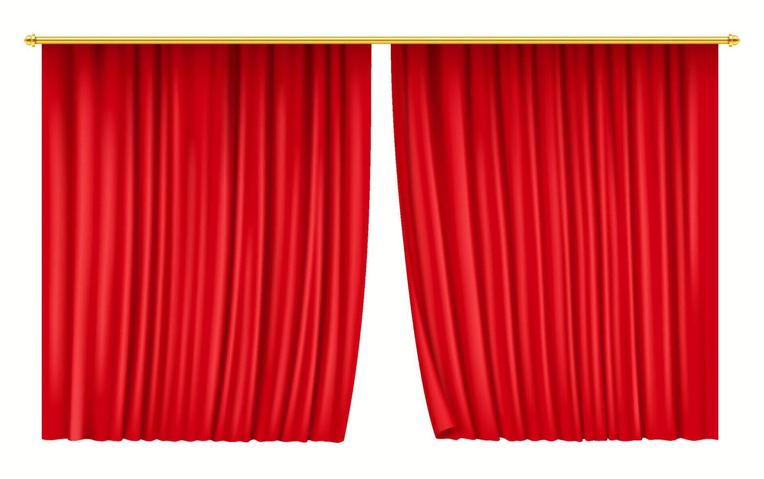 3D realistic illustration of half-open red theater curtains with golden tiebacks, symbolizing an elegant and dramatic stage reveal. vector