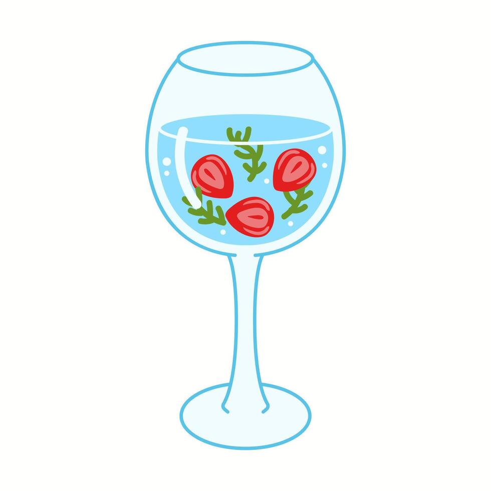 Illustration of an elegant wine glass filled with water, floating strawberries, and fresh herbs, symbolizing healthy and flavorful hydration. vector