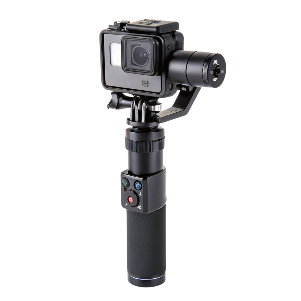 A compact black action camera mounted on a stabilizer with controls, designed for capturing smooth, high-quality footage during dynamic activities png