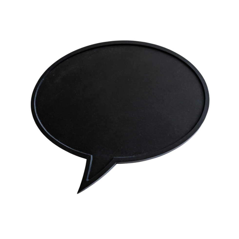 A black speech bubble with a subtle outline, slightly angled for a sleek and contemporary look, ideal for stylish communication ideas png
