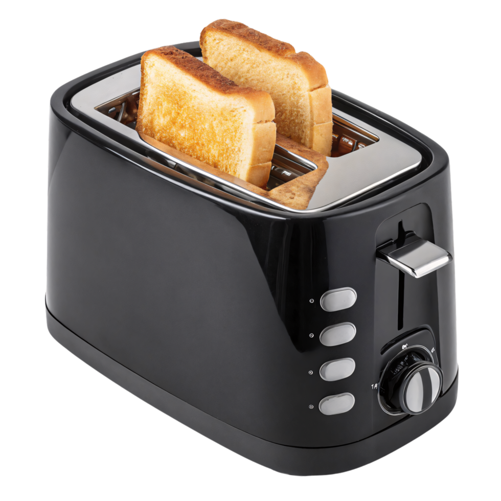 A black toaster and bread positioned higher. Its metallic accents reflect light, giving a premium kitchen appliance appearance png