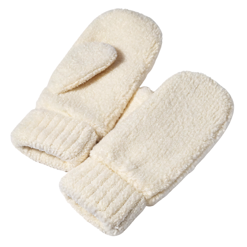 Fluffy, plush white mittens with a soft texture. Designed for warmth and comfort, they feature a simple yet inviting winter aesthetic png