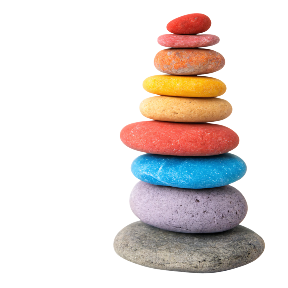 A gradient stack of rainbow-colored stones, from deep purple to bright red, their smooth surfaces glistening with a polished finish png