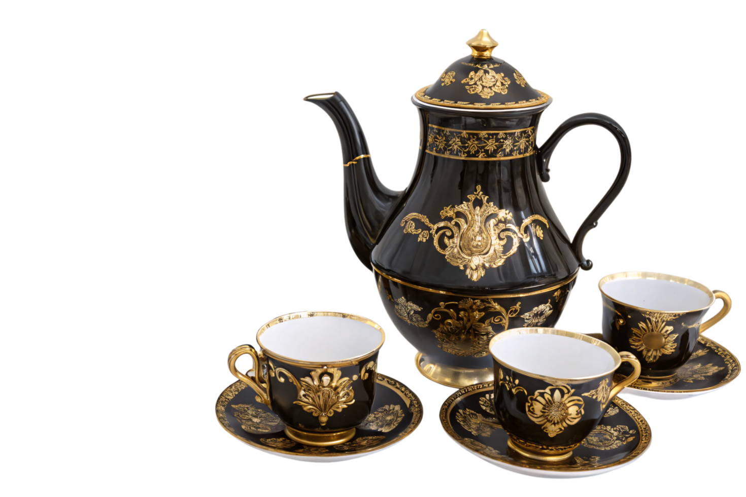Luxurious black tea set with ornate golden patterns. A classic teapot and three cups complete the elegant collection png