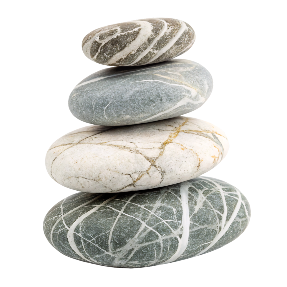 A neatly stacked tower of smooth, grey stones with white streaks, showcasing a balance of textures and colors png