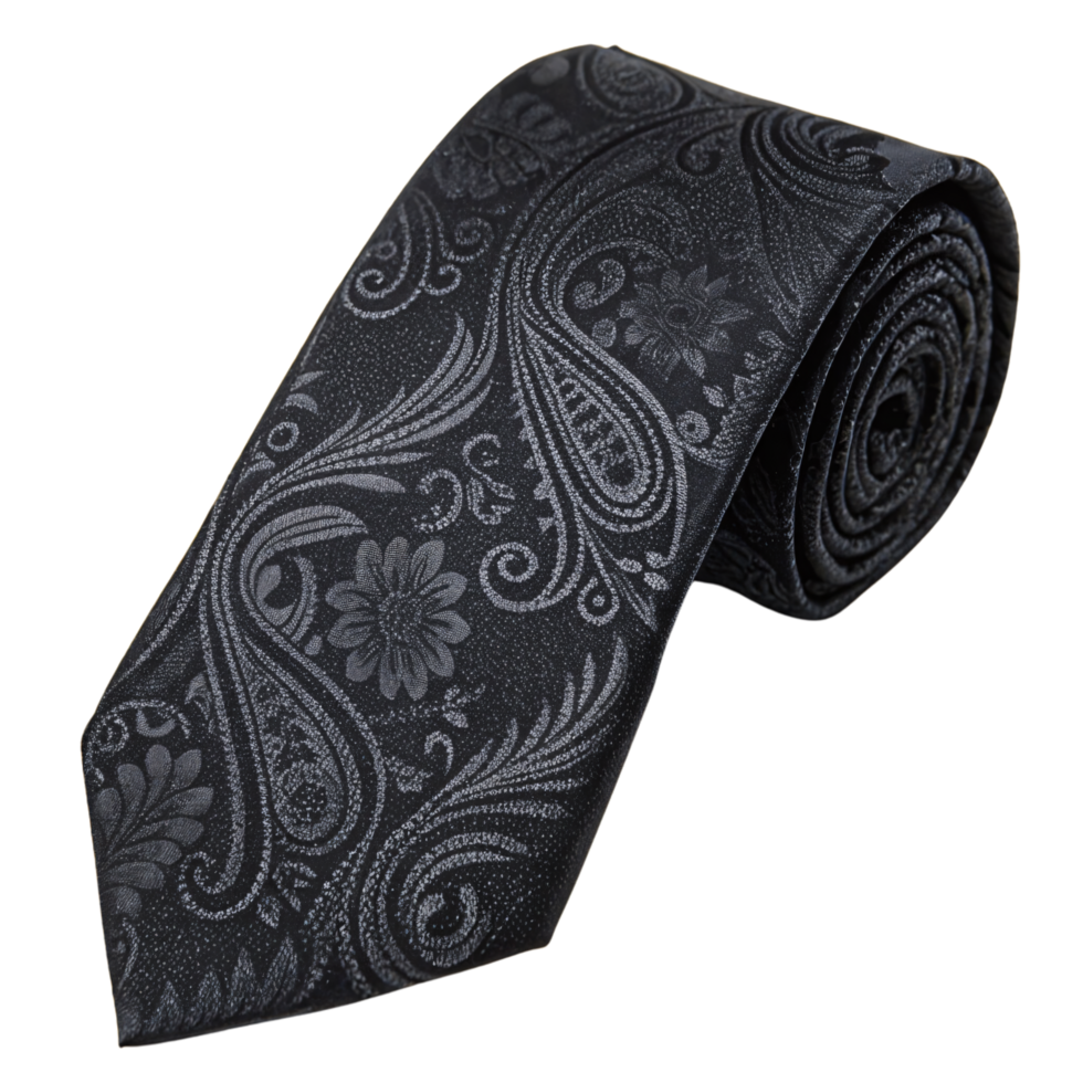 A luxurious black tie with shimmering silver paisley patterns, providing a subtle yet refined touch to a formal look png