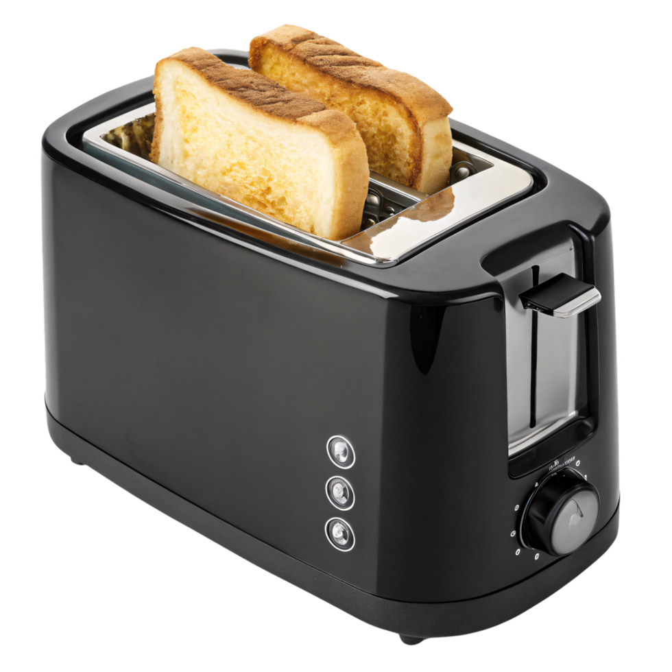 A black toaster with toasted bread slices emerging. Shiny, modern design features illuminated control buttons and a classic lever for toasting adjustments png