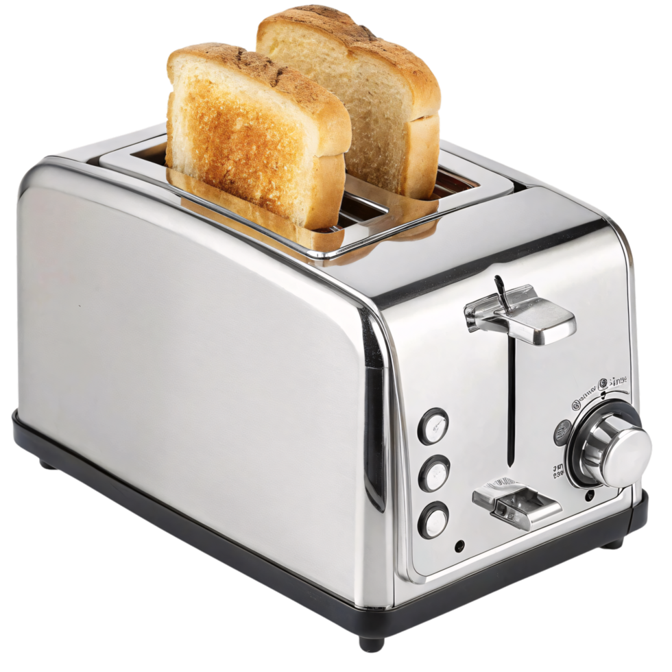 A glossy chrome toaster featuring artisan design and detailed buttons. Two perfectly browned toast slices protrude, showcasing both utility and elegance png