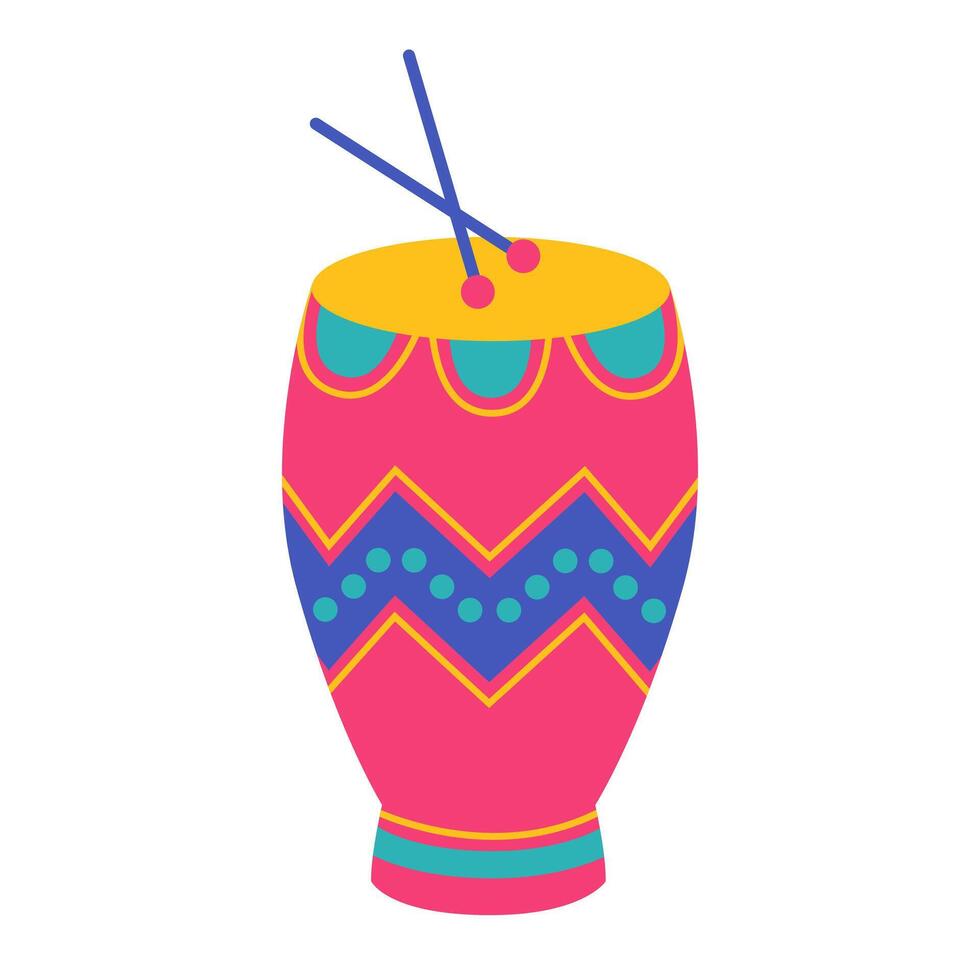 Colorful ethnic conga drum with ornament and drumsticks. Traditional percussion musical instrument. Pink tumbadora. African culture. Flat illustration isolated on white background vector