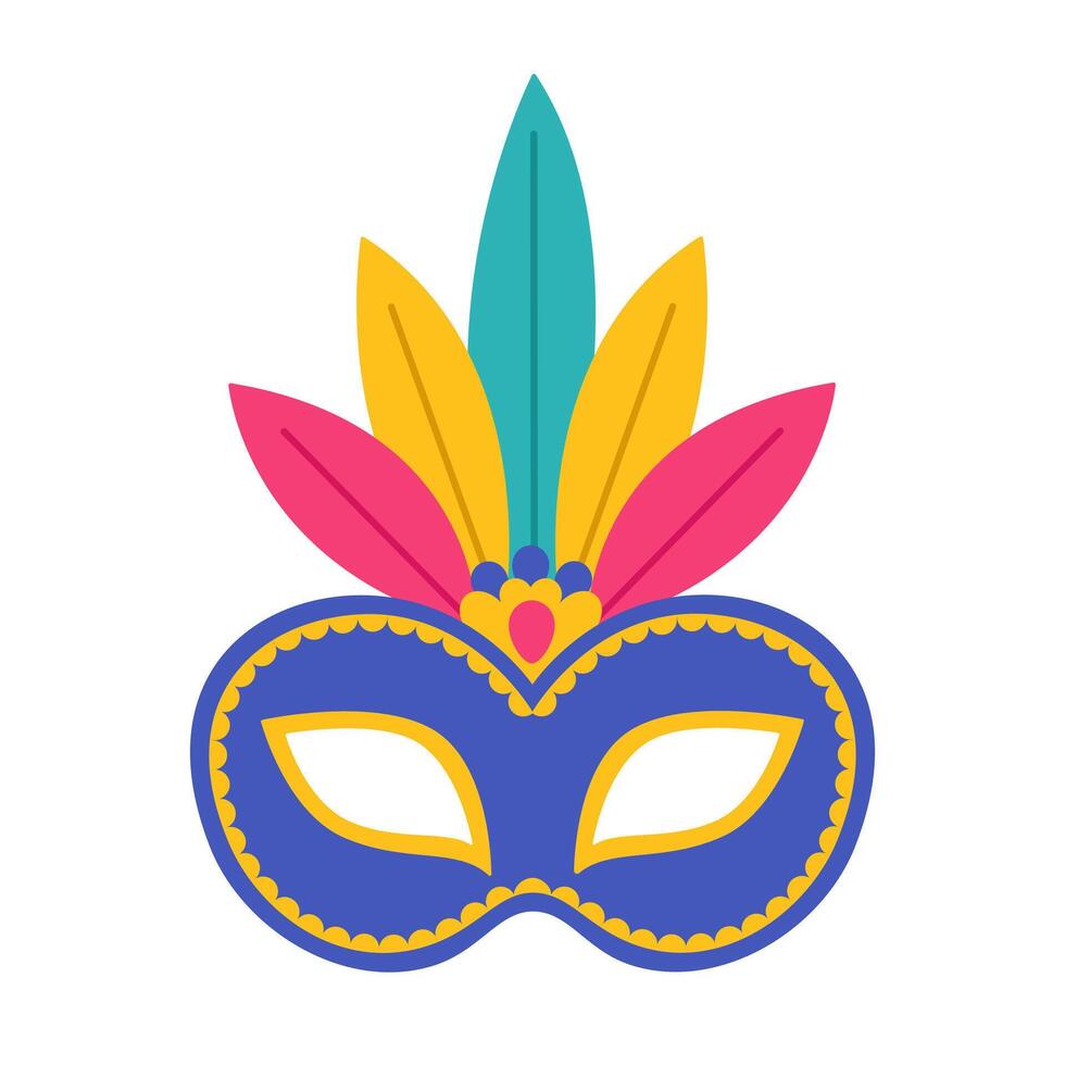 Blue carnival face mask with decorations and colorful feathers. Masquerade accessory. Masque for Brazil carnival, Venetian carnival, Mardi Gras. Flat illustration isolated on white background vector