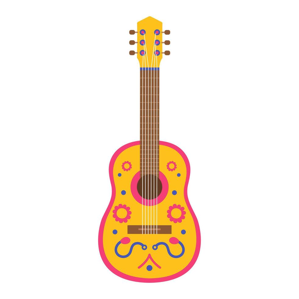 Yellow and pink acoustic guitar decorated with flowers and ornaments. String music instrument. Mexican or brazilian traditional party. Flat illustration isolated on white background vector