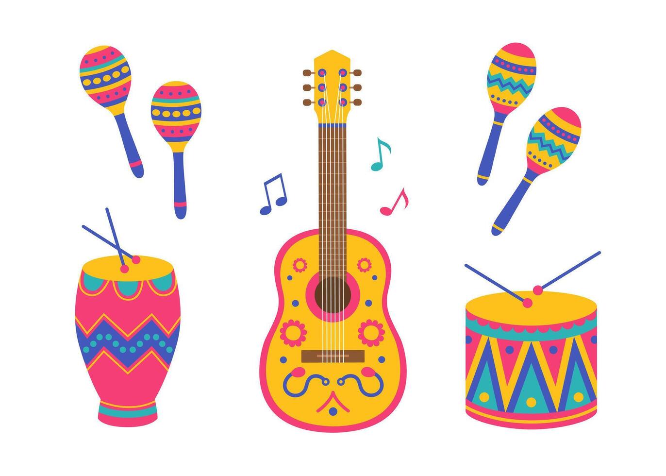 Colorful ethnic musical instrument set with guitar, drum, drumsticks, conga, maracas and notes. Latin music festival, brazil carnival collection. Flat illustration isolated on white background vector