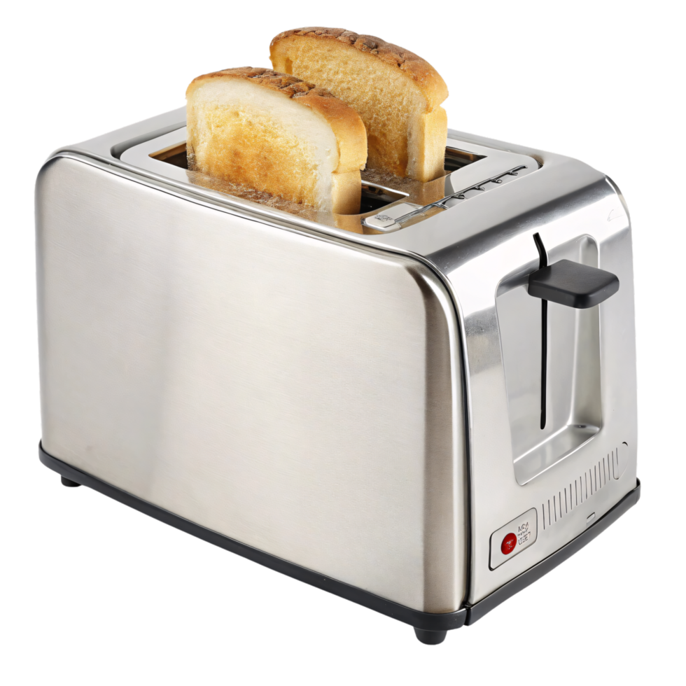 A metallic toaster, minimalist in design with a slightly rounded shape. Red indicator light complements its polished silver body with sturdy controls png