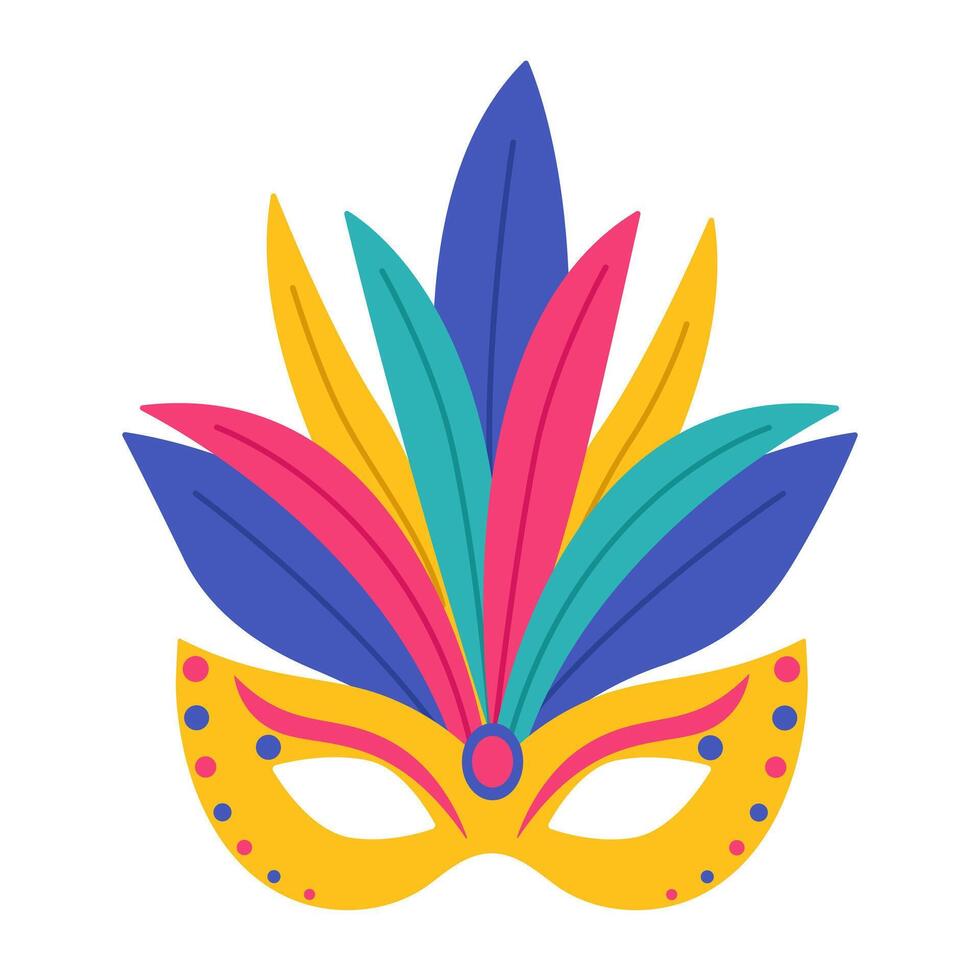 Yellow carnival face mask with decorations and colorful feathers. Masquerade accessory. Masque for Brazil carnival, Venetian carnival, Mardi Gras. Flat illustration isolated on white background vector