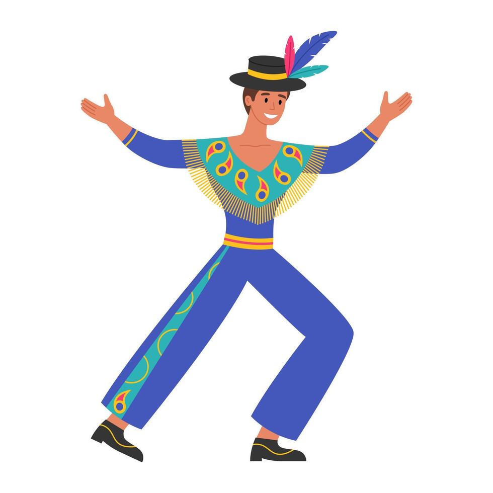 Young man in colorful costume and hat with feathers dancing. Brazil carnival character. Samba dancer. Traditional festival in Rio de Janeiro. Flat illustration isolated on white background vector