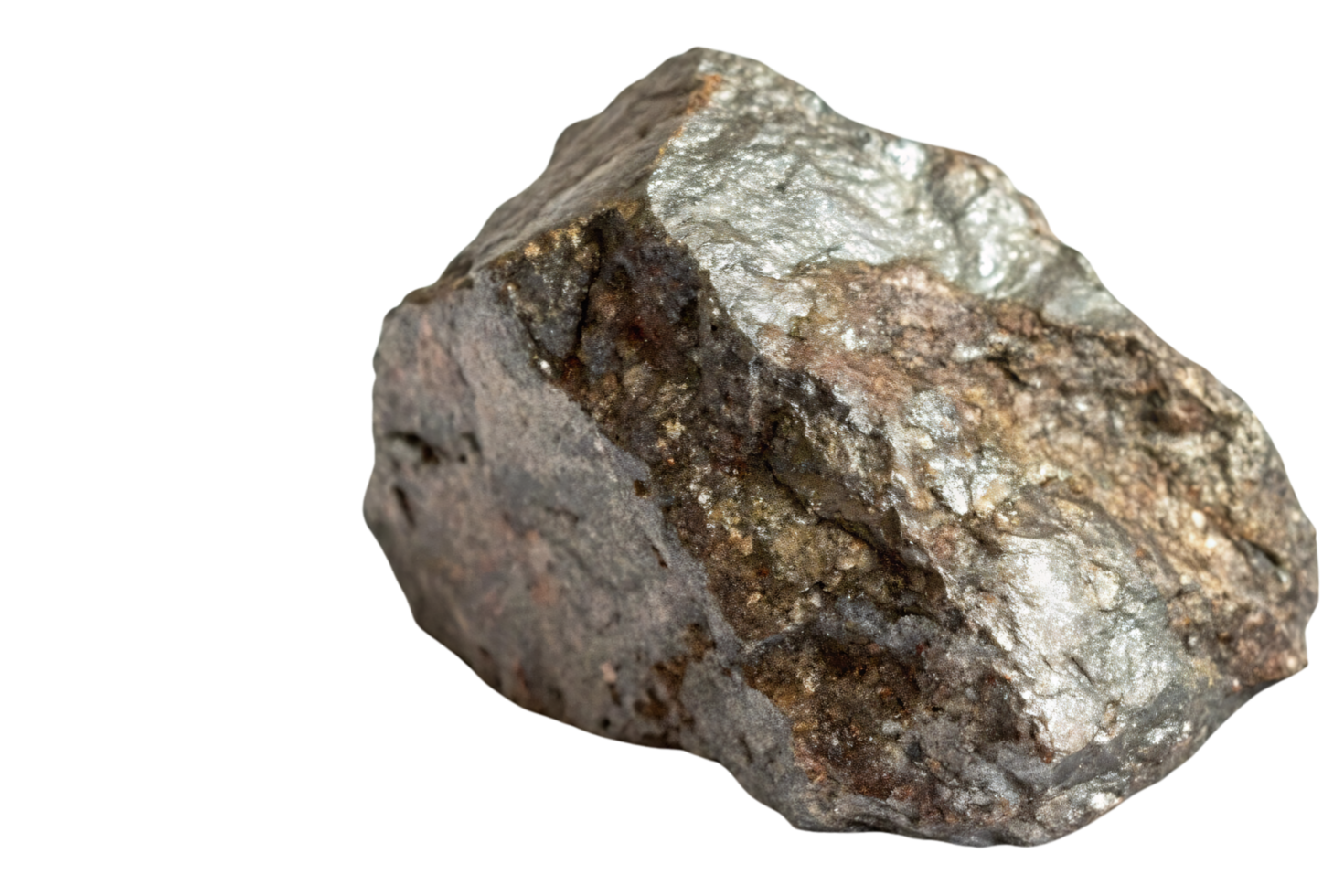 Rough mineral rock with shimmering silver highlights and earthy brown tones. Reflects metallic textures and rugged edges png