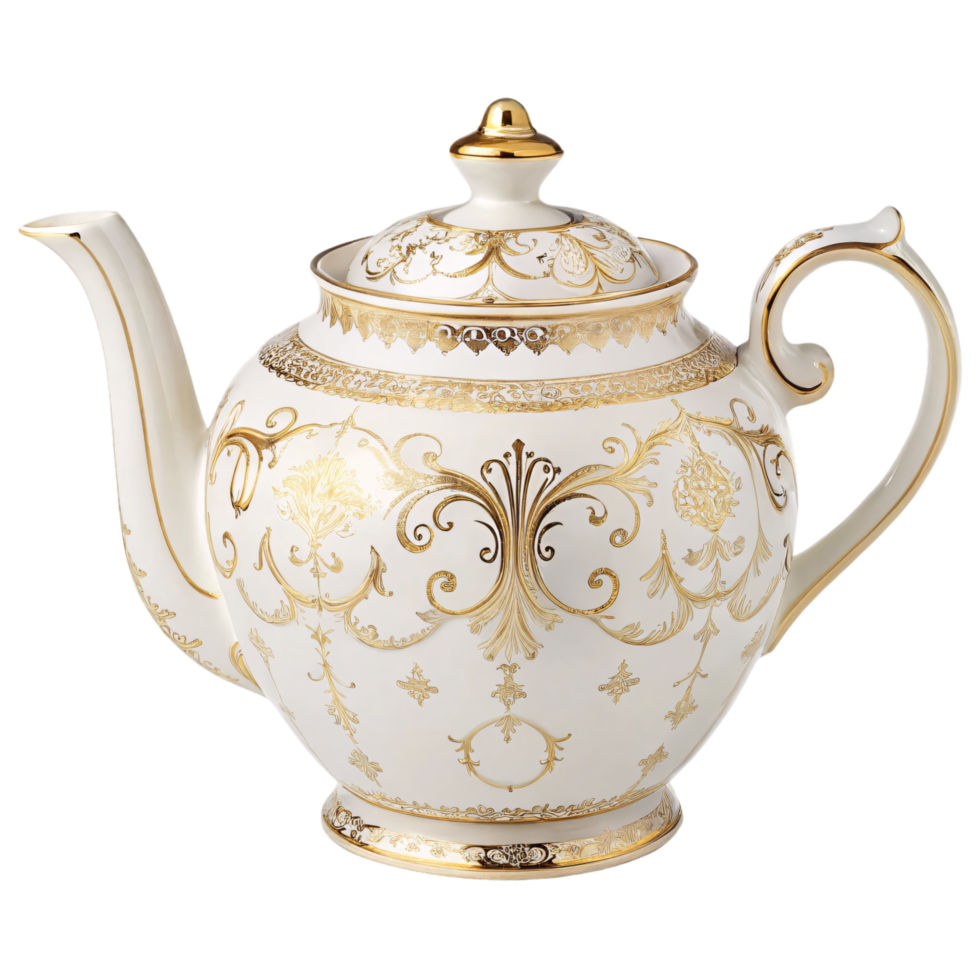 Ornate porcelain teapot adorned with intricate golden patterns and delicate detailing, blending luxury with timeless tea-drinking tradition png