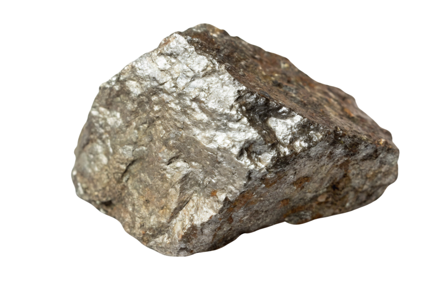 A metallic stone with silvery reflections and brownish tones, showcasing a natural and textured surface png