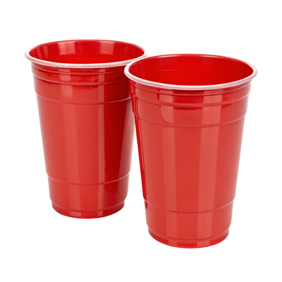 Two glossy, red plastic cups placed together, commonly used for parties. Simple yet iconic in their design png