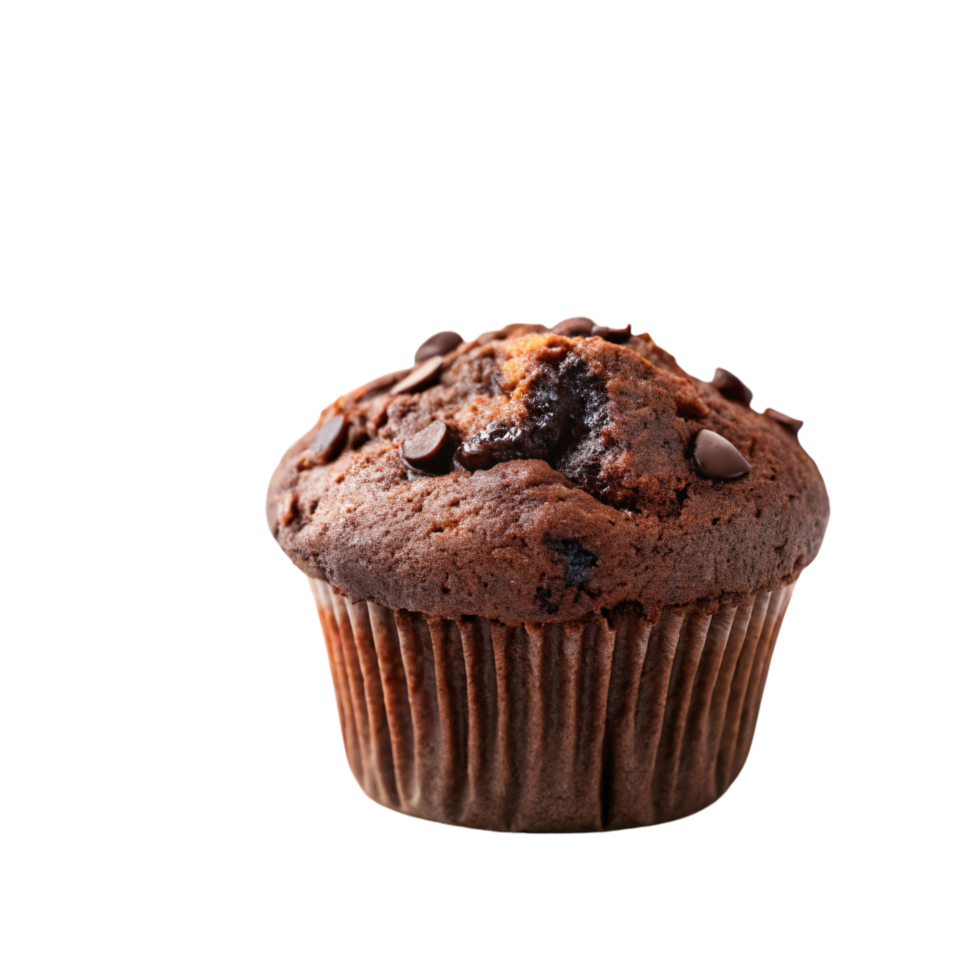 A rich chocolate muffin, baked to perfection, with chocolate chips and a slightly domed top. Tempting and delicious png