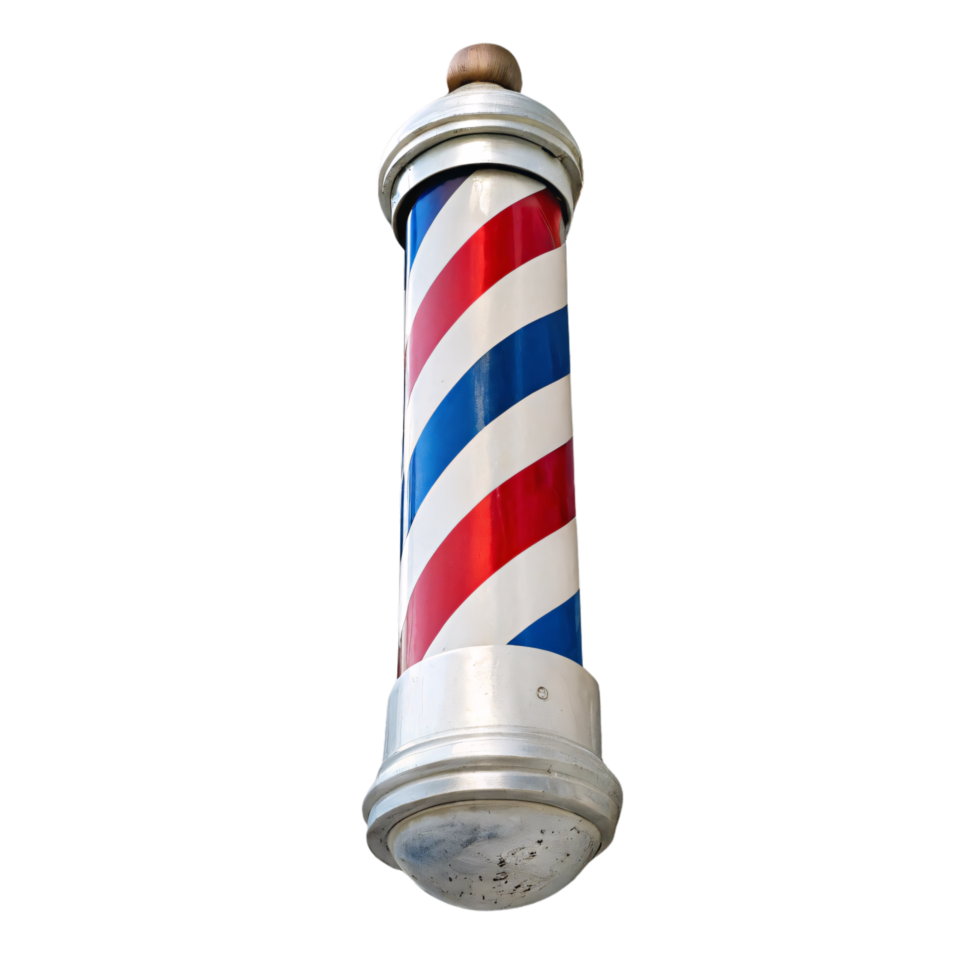 A traditional barber pole with red, white, and blue spirals, representing a classic barbershop symbol from historical origins png