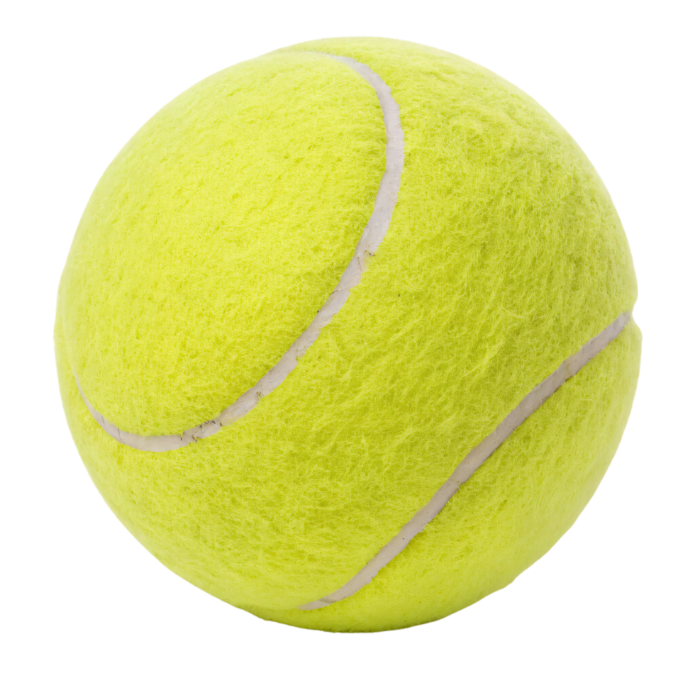 A fuzzy yellow tennis ball featuring a smooth curved seam, a standard design for professional and casual tennis play png