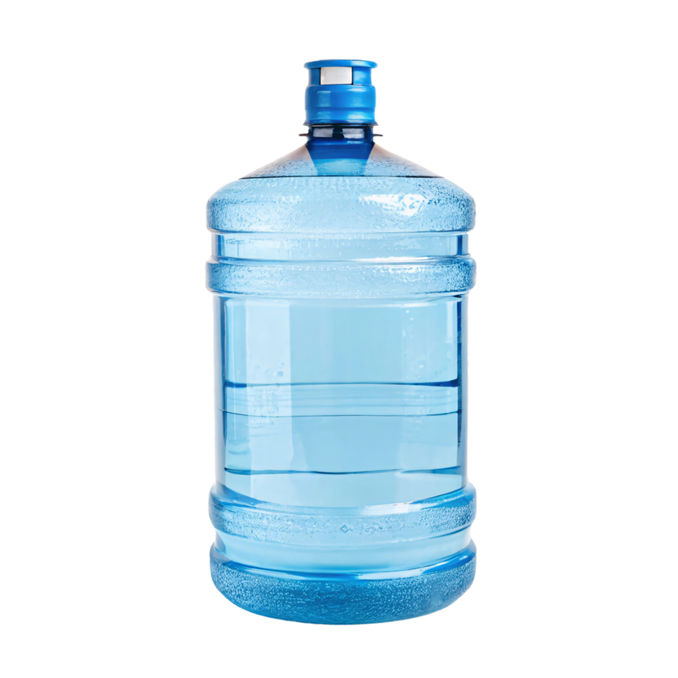 A blue, transparent, plastic water bottle with a spout, suitable for water dispensers. Its surface reflects light with visible condensation droplets png