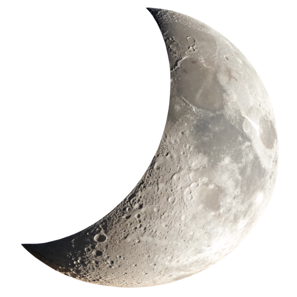 A natural gray crescent moon showing detailed craters and realistic shadow png