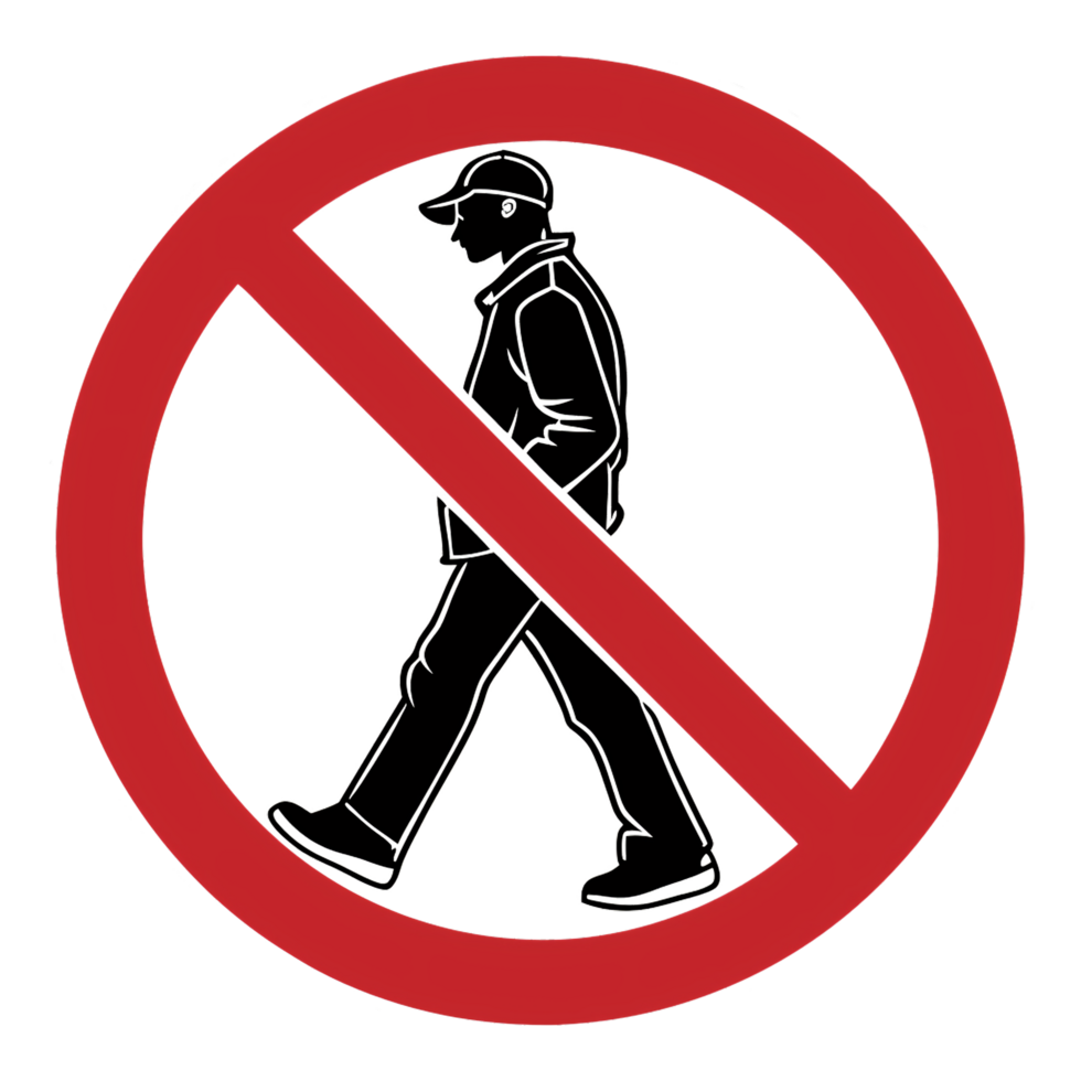 No Pedestrian Sign, a black silhouette of a walking person encased in a red circle with a diagonal line, symbolizing a prohibition against walking png