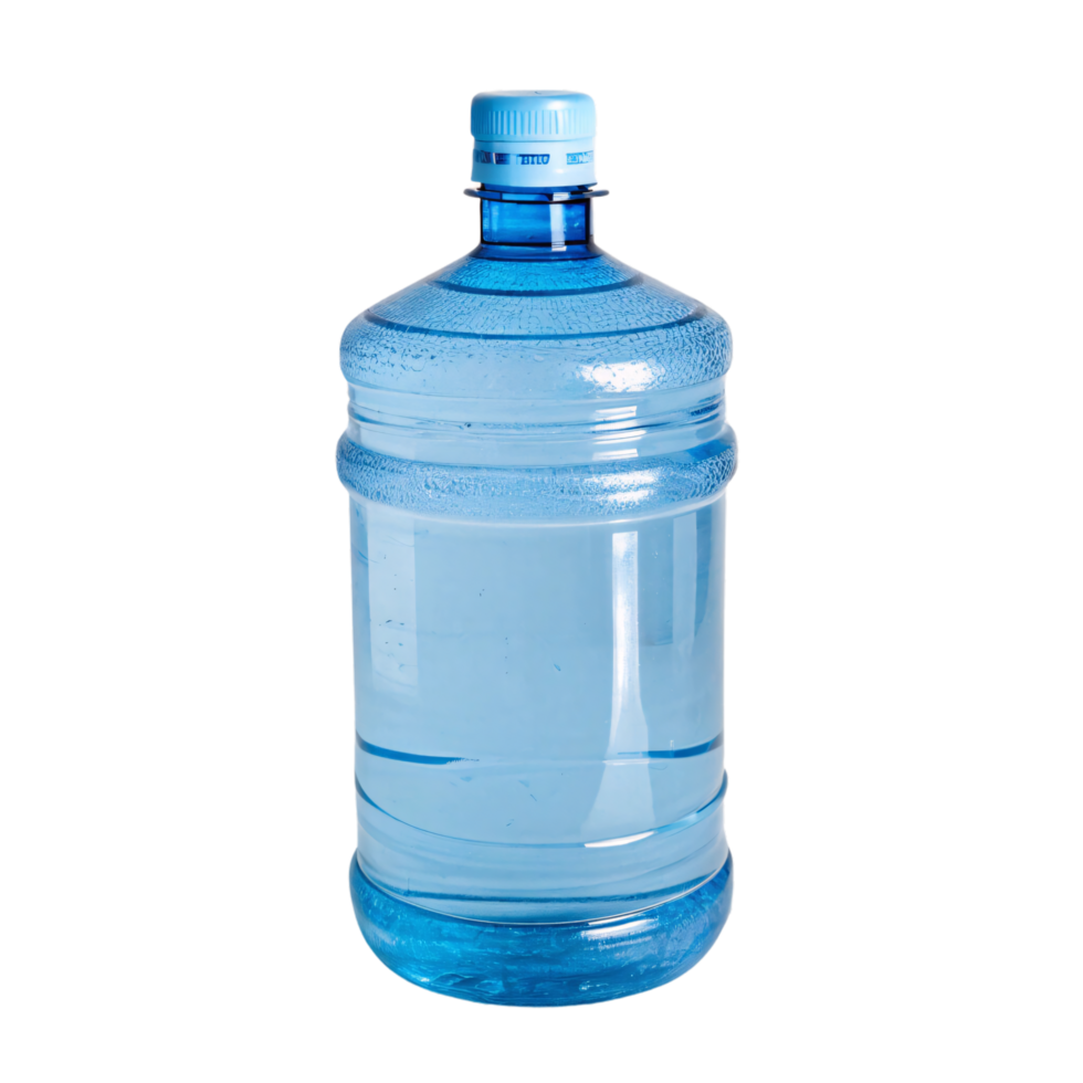 A blue-toned water jug, well-sealed and highlighted with symmetrical grooves, its transparent body emphasizing its liquid content png