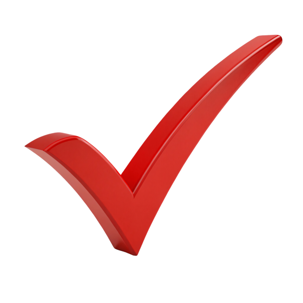 A glossy red checkmark symbolizing correctness or achievement, standing bold and sharp png