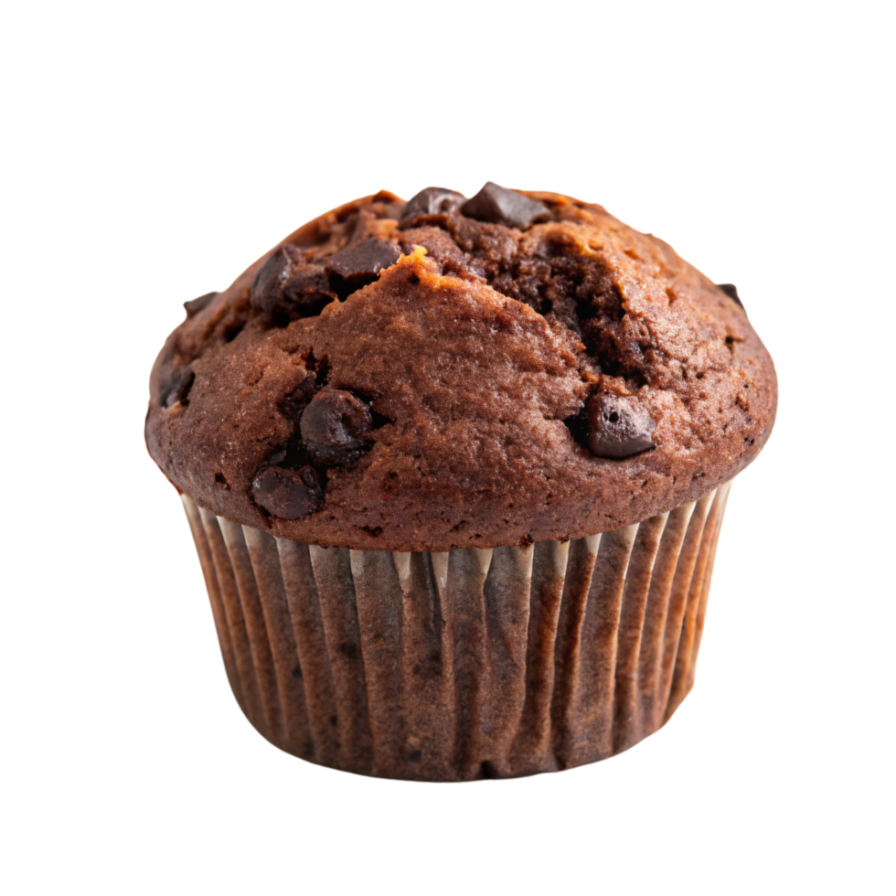 A dark chocolate muffin with a smoother dome and embedded chocolate chunks. A decadent treat for dessert lovers png