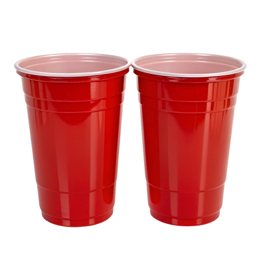 A pair of red cups, aligned neatly, showing their sturdy and bright finish. Ideal for casual gatherings png