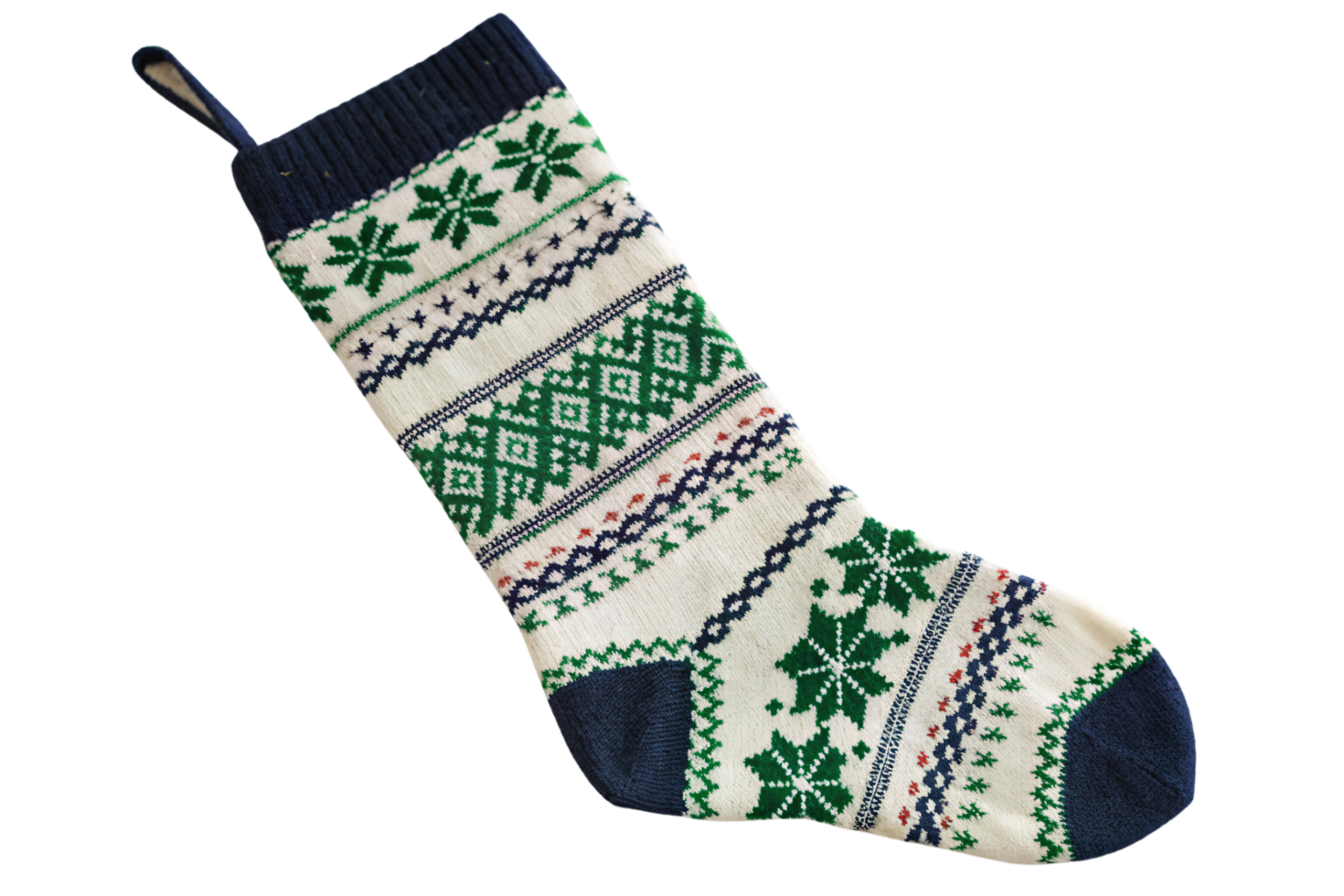 A cream-colored stocking with green and navy snowflake patterns, including diamond motifs, detailed with a textured knit design and hanging loop png