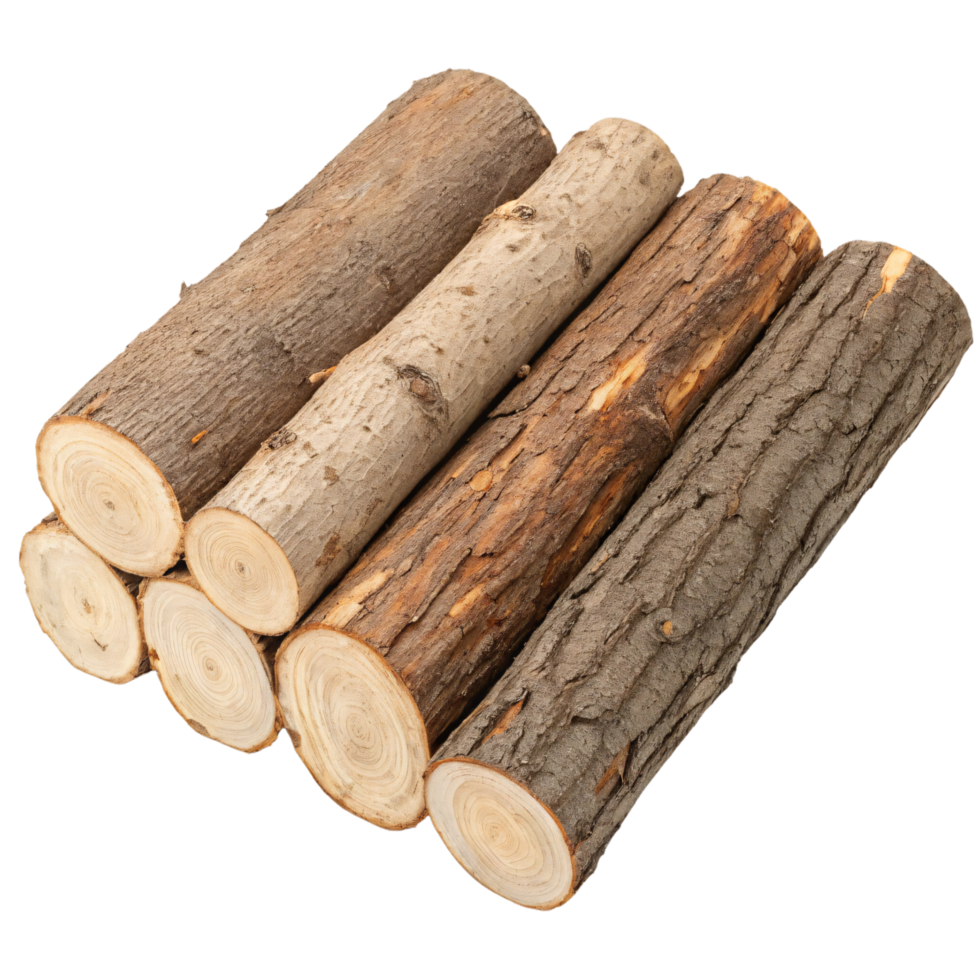 Stacked tree logs with visible bark and light wood cross-sections, neatly arranged for a rustic aesthetic png