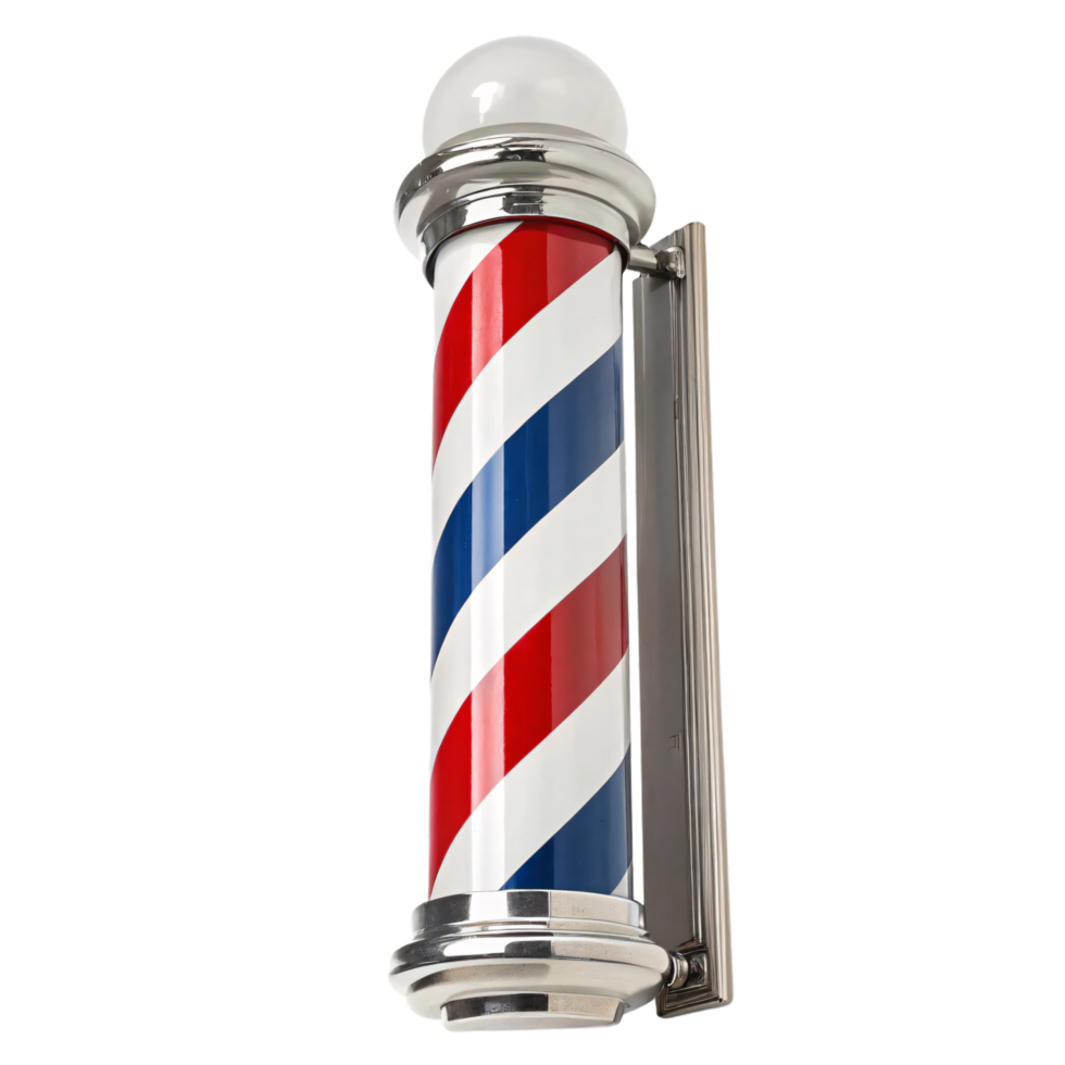 A metallic barber pole with a glass exterior and traditional red, white, and blue spiral design, mounted on a wall png