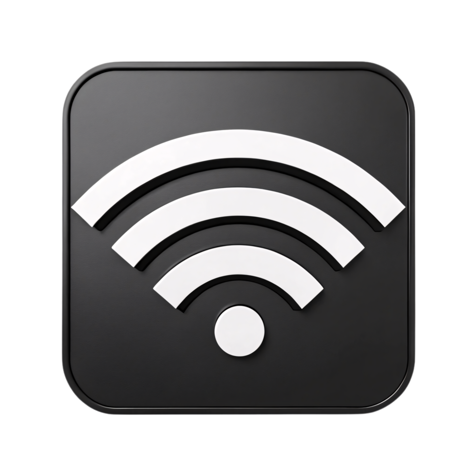 A modern Wi-Fi signal symbol in white, displayed on a square black background for minimalist representation png