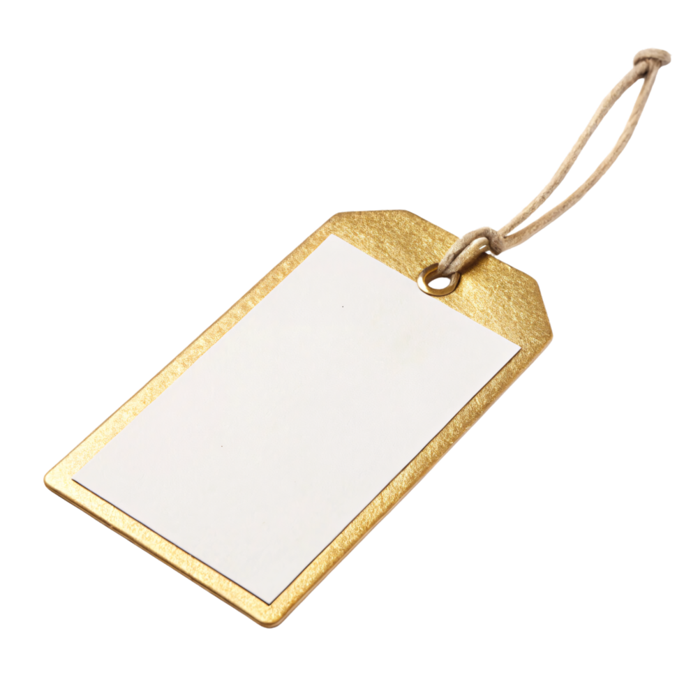 A rectangular tag with a gold border and blank white center, attached to a soft string loop for a premium finish png