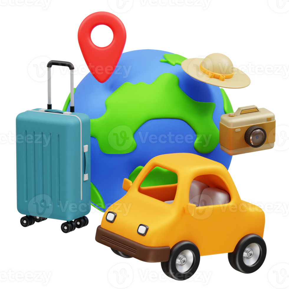 Travel car and travel to the world icon 3d illustration png