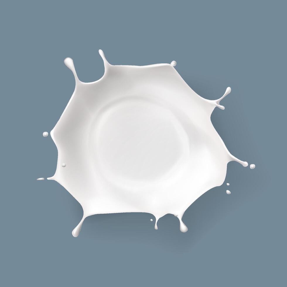 Milk splash isolated. Natural dairy products, yogurt or cream in crown splashes with flying drops. vector