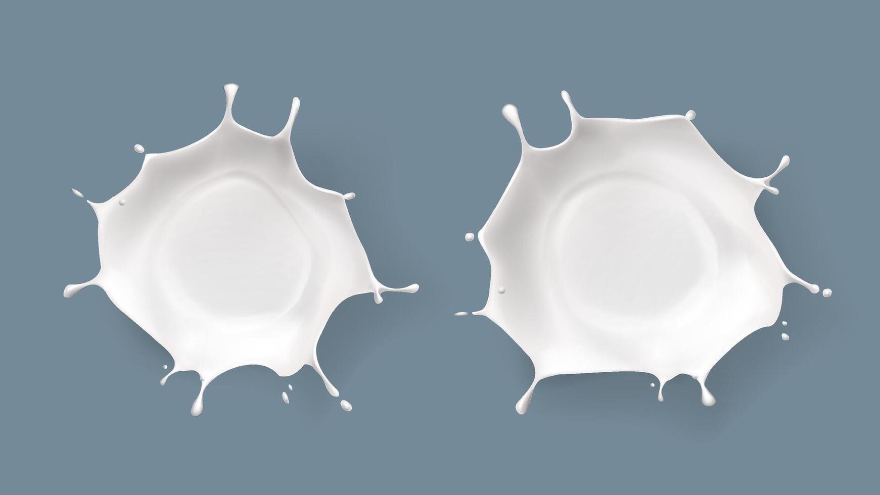 Splashed milk set isolated. Natural dairy products, yogurt or cream in crown splashes with flying drops. vector