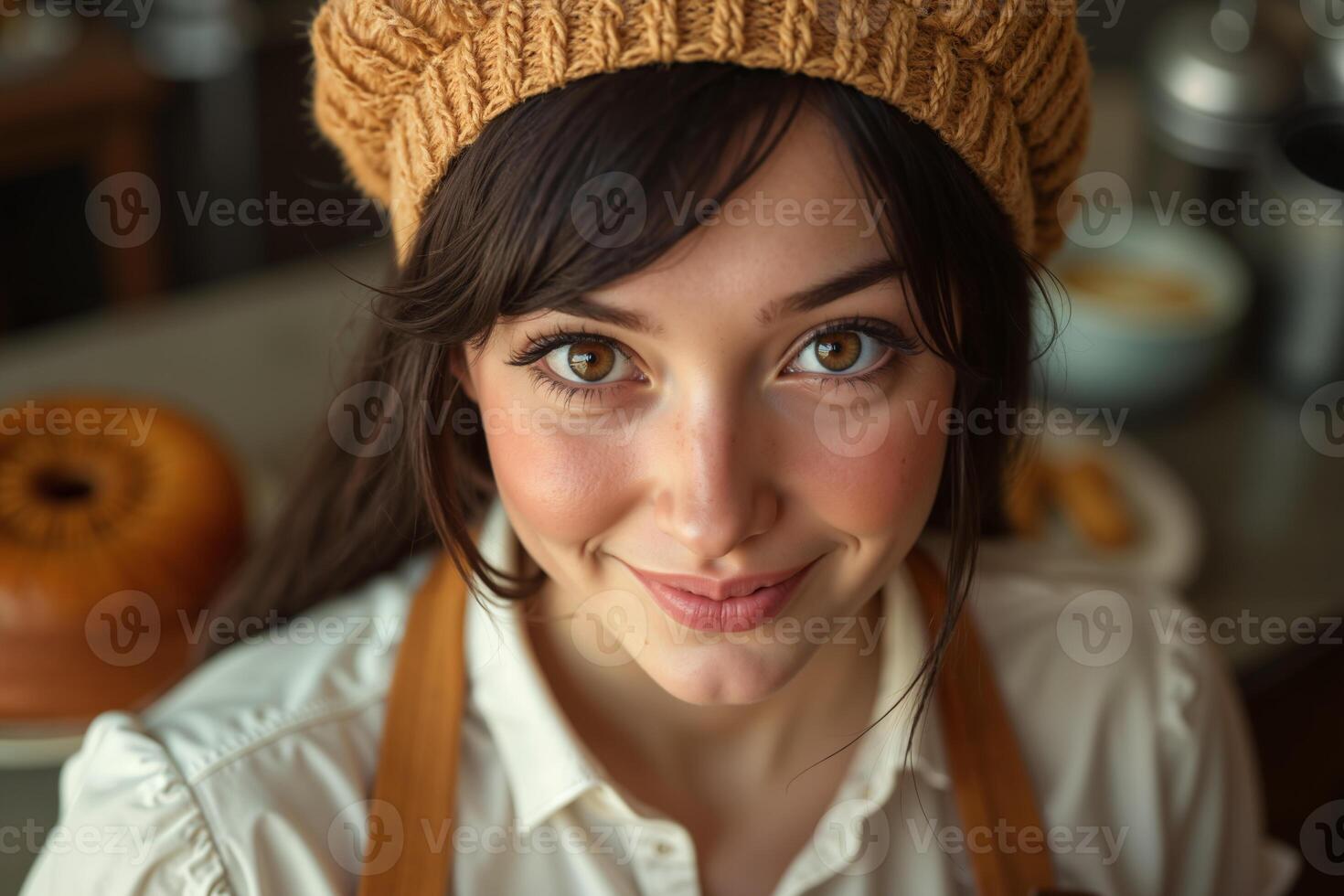 Young woman with a warm smile, wearing a beige knit hat and apron, is standing behind a counter with pastries, suggesting she might be a baker or pastry chef. photo